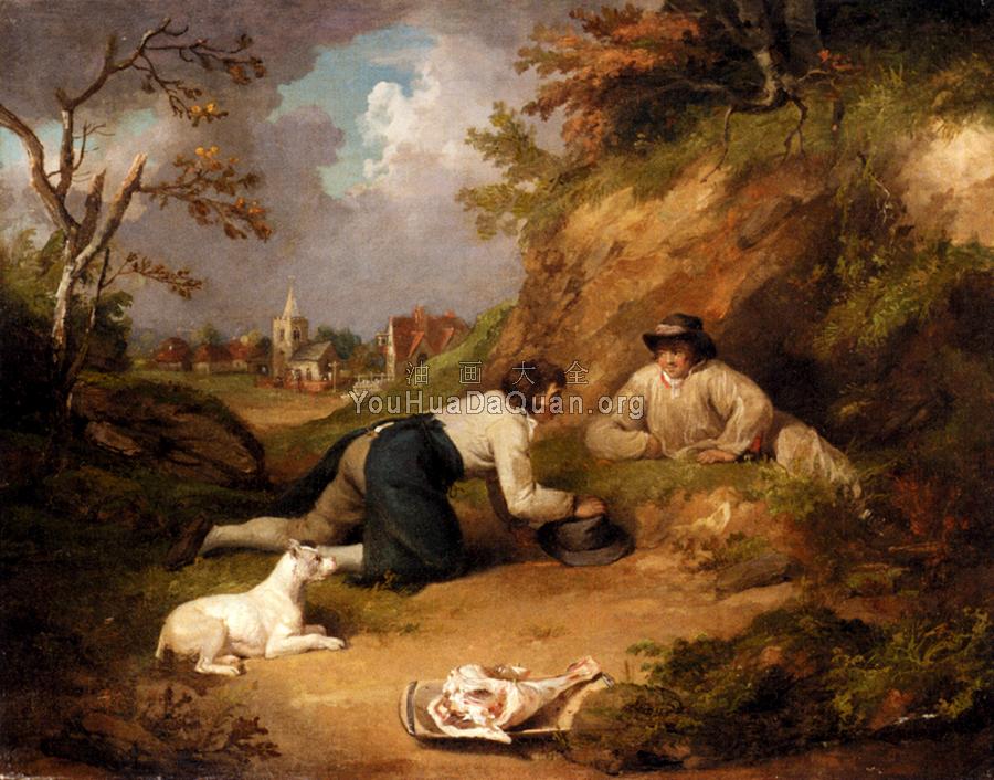 Two Men Hunting Rabbits With Their Dog A Village Beyond - 乔治·莫兰